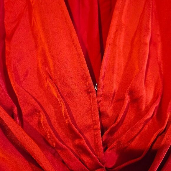 Marissa Webb Collective Satin Tie Front Long Sleeve Ruffle V-Neck Dress in Red 8 - Picture 10 of 10